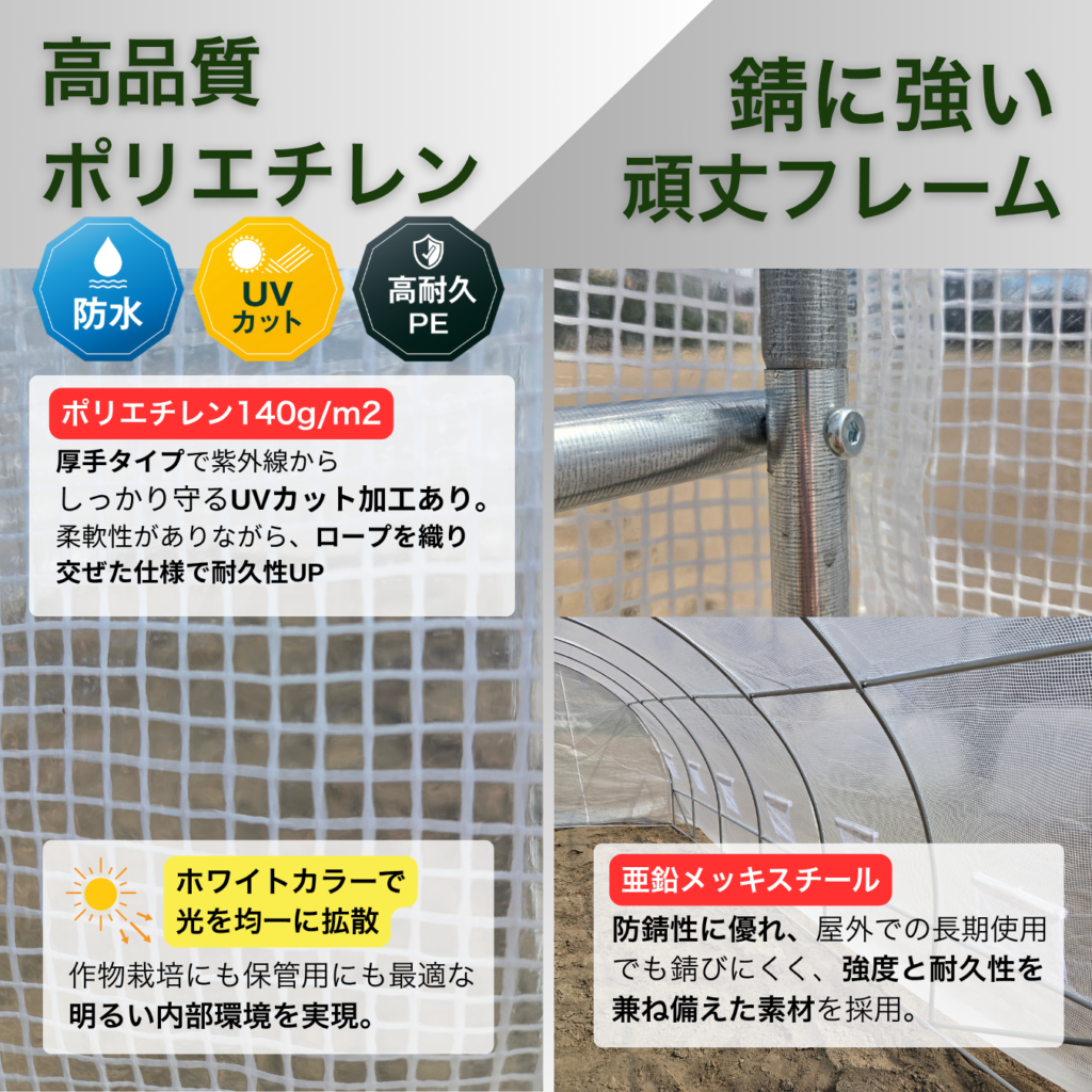 高品質ポリエチレン 錆に強い頑丈フレーム 防水/UVカット/高耐久 PE ポリエチレン140g/m2 厚手タイプで紫外線から しっかり守るUVカット加工あり。 柔軟性がありながら、ロープを織り 交ぜた仕様で耐久性UP ホワイトカラーで光を均一に拡散 作物栽培にも保管用にも最適な 明るい内部環境を実現。 亜鉛メッキスチール 防錆性に優れ、屋外での長期使用 でも錆びにくく、強度と耐久性を 兼ね備えた素材を採用。