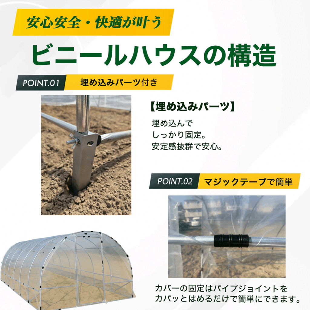 安心安全・快適が叶う ビニールハウスの構造 POINT.01 埋め込みパーツ付き 【埋め込みパーツ】 埋め込んで しっかり固定。 安定感抜群で安心。 POINT.02 マジックテープで簡単 カバーの固定はパイプジョイントをカパッとはめるだけで簡単にできます。